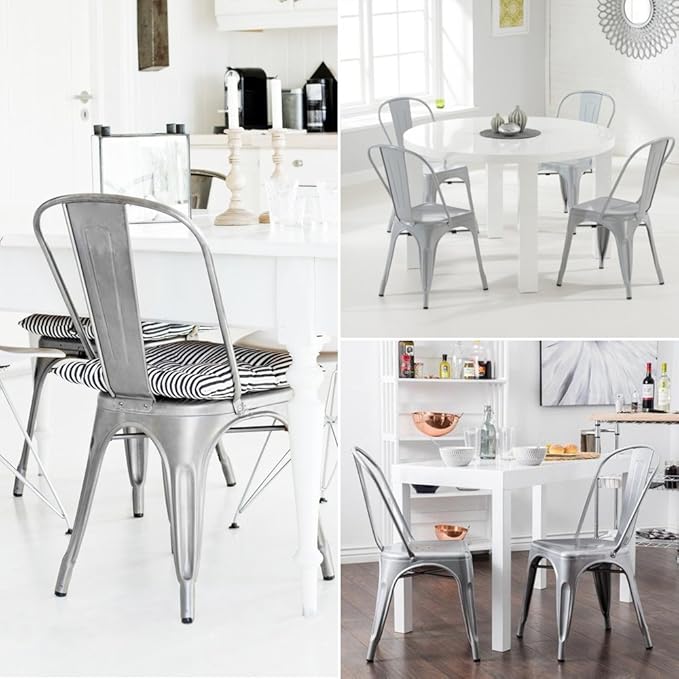 Devoko Metal Indoor-Outdoor Chairs Distressed Style Kitchen Dining Chairs Stackable Side Chair with Back Set of 4 (Silver)
