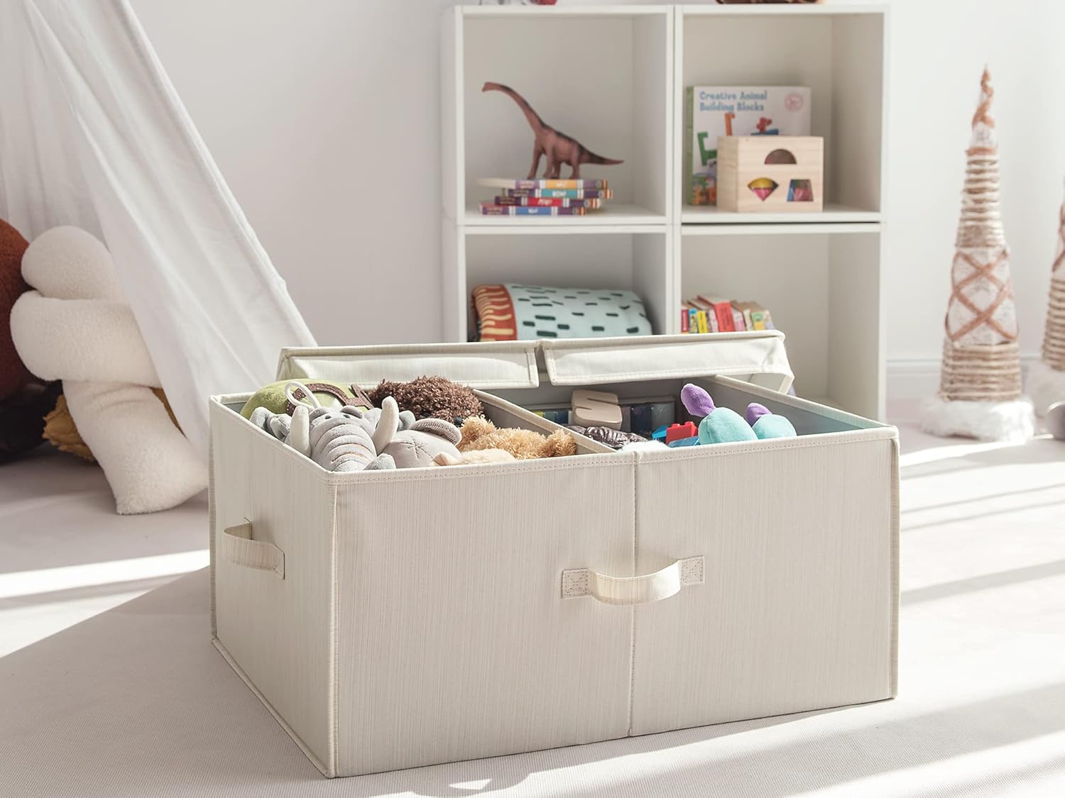 StorageWorks Extra Large Storage Bins with Lids, 55L Decorative Storage Bins with Double-Open Lid and Divider Board, Fabric Bins with Handles, Mixing of Beige, White & Ivory, 2-Pack