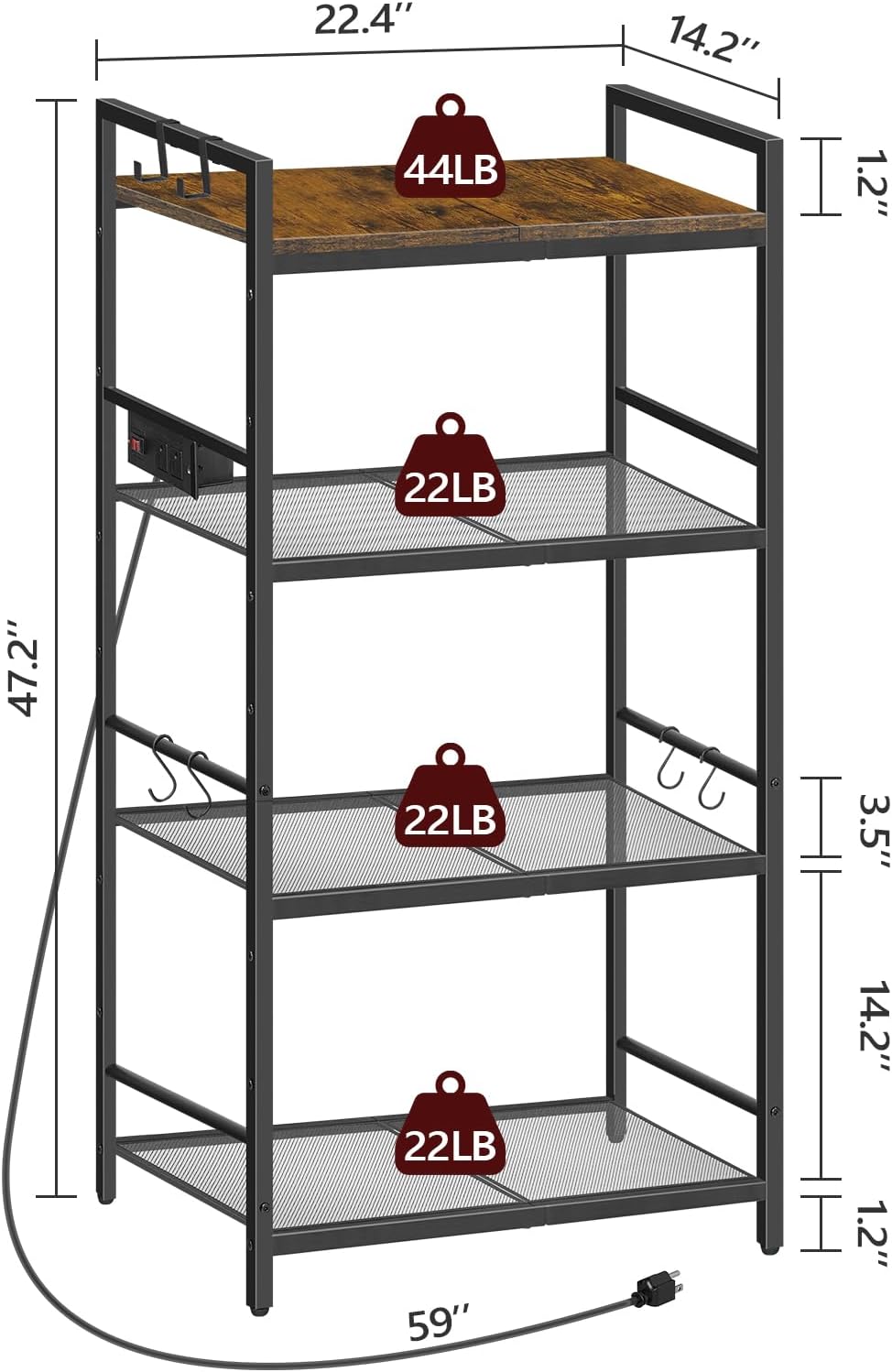 MAHANCRIS Bakers Rack with Power Outlet, Microwave Stand with Hooks, Multifunctional Storage Rack, Coffee Bar with Enclosure, Kitchen Storage Shelf, for Kitchen, Dining Room, Rustic Brown BRHR40E01N1