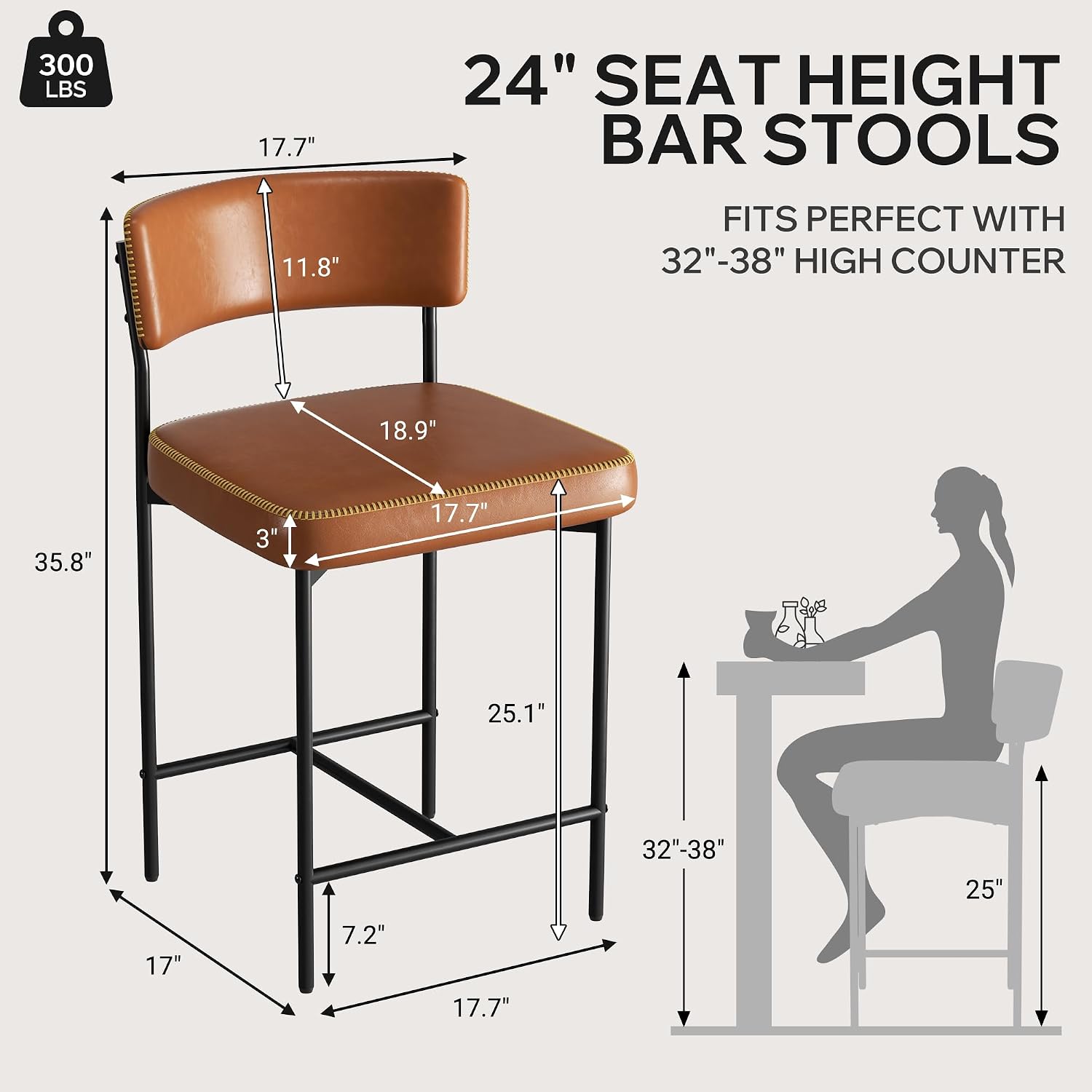 Bar Stools Set of 4, Faux Leather Counter Height Barstools with Curved Back, 25 Inch Upholstered Bar Chairs, Modern Counter Stools for Kitchen lsland, Caramel