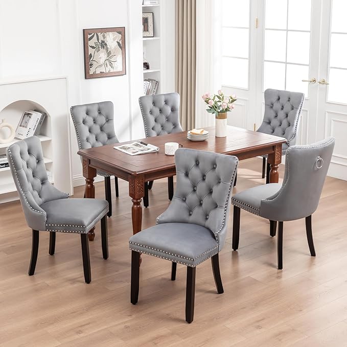Velvet Dining Chairs Set of 6,Upholstered Dining Chairs with Ring Pull Trim and Button Back,Modern Seating for Kitchen, Bedroom & Living Room(Grey)