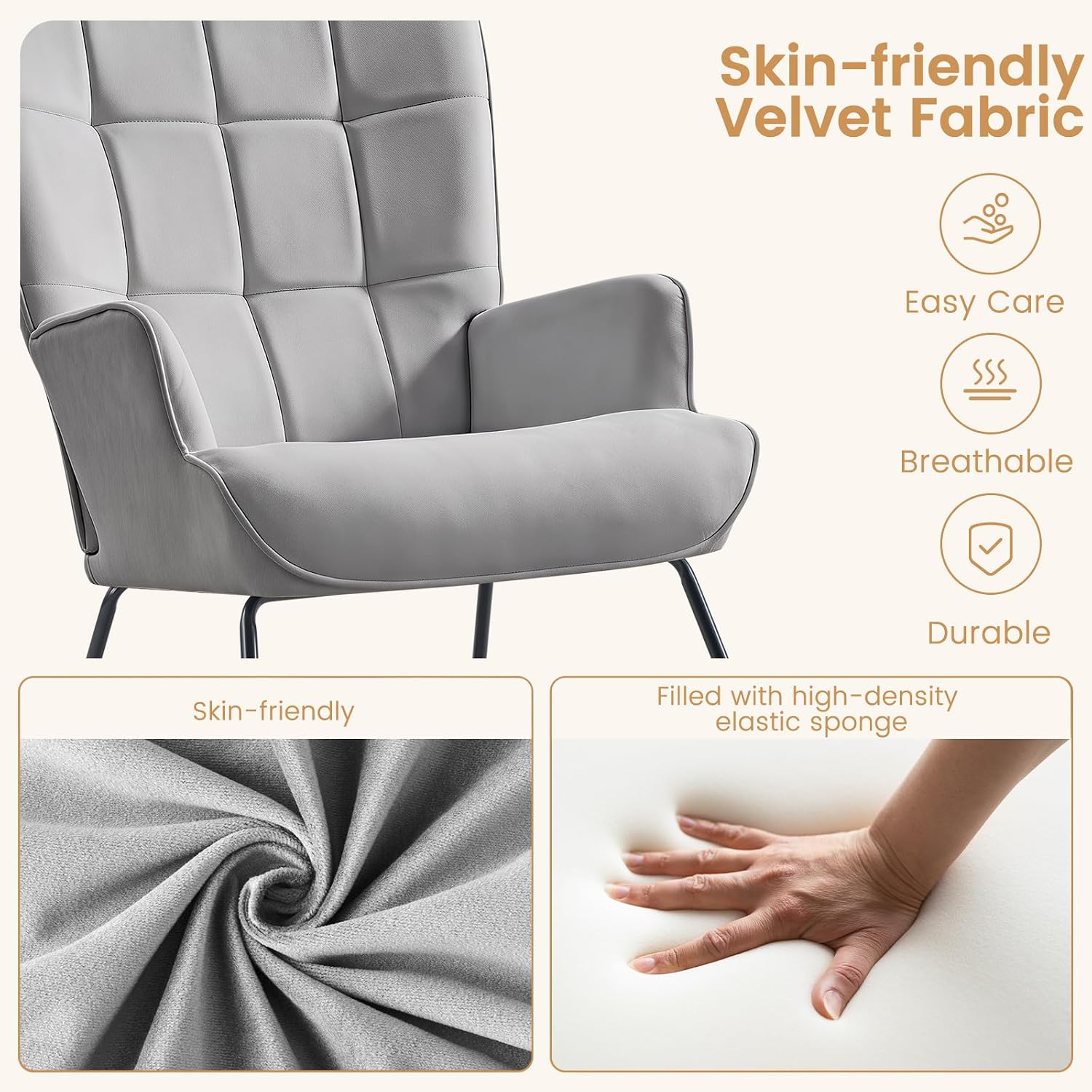 Furniliving Nursery Rocking Chair Modern Armchair Upholstered Glider Rocking Chair Nursery Chair Reading Chair with High Backrest Solid Wood Base for Bedroom, Living Room, Grey, Waterproof Velvet