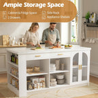 71"x 35.4" Large Imitation Marble Dining Table with Storage, Kitchen Island with Power Outlet & LED Lights, Fridge Space, Modern Wood Counter Height Island Bar