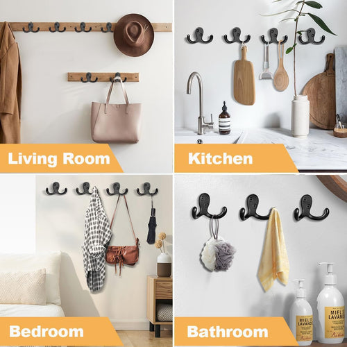 20 Pack Coat Hooks Wall Hooks for Hanging, Heavy Duty Double Prong Metal Hook Wall Mounted for Living Room, Bathroom, Kitchen, Bedroom for Coat, Bag, Scarf, Towel, Hat, Key, Cup (Black)