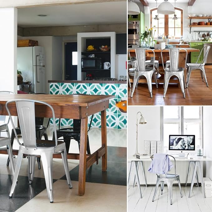 Devoko Metal Indoor-Outdoor Chairs Distressed Style Kitchen Dining Chairs Stackable Side Chair with Back Set of 4 (Silver)