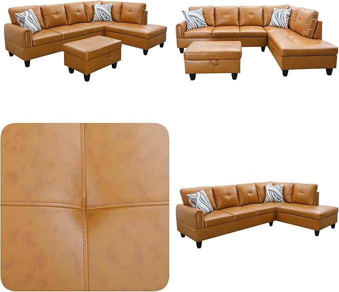 Sectional Couches for Living Room with Movable Chaise & Storage Ottoman - 97.5" Leather L Shaped Couches for Living Room Apartment, 4 Seat Home Furniture Modular Sectional Sofas, Orange