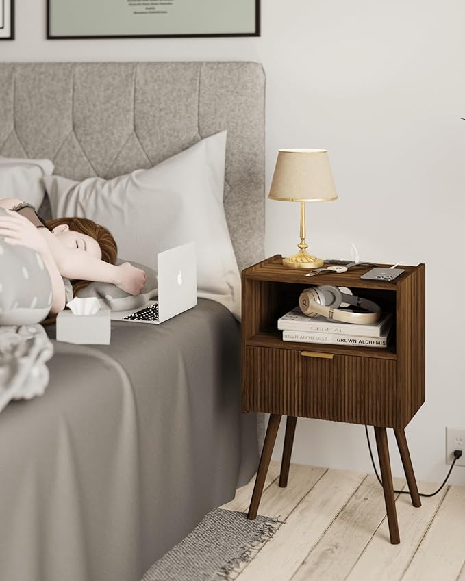 Nightstand with Outlet,Modern Bedside Table with Storage Drawer and Open Wood...