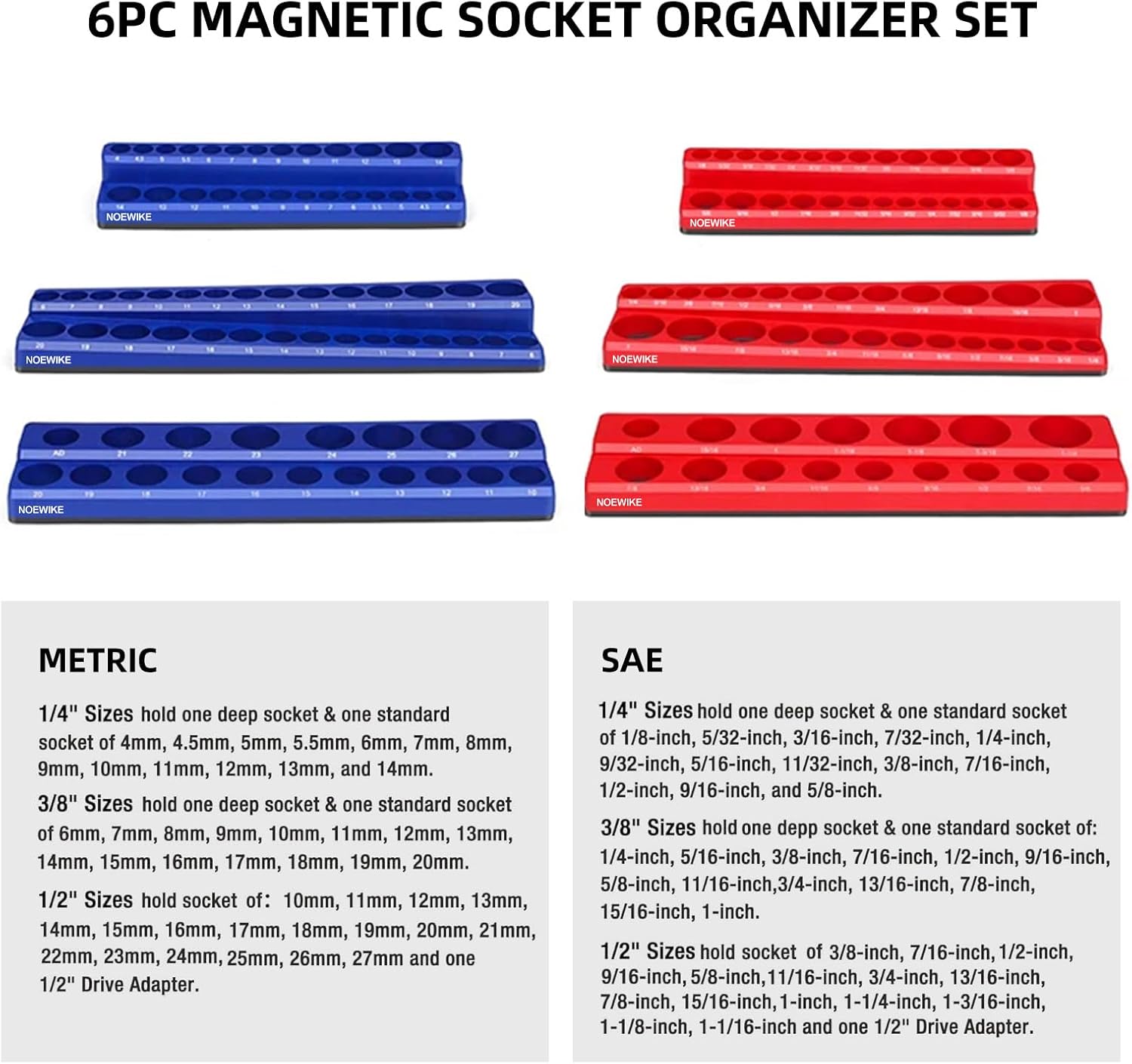 Magnetic Socket Organizer,6-Pack SAE & Metric 1/2,3/8,1/4 Inch Drive Sockets Holder,Holds 141 Standard/Deep Sockets,Blue and Red Magnetic Socket Tray(Sockets Not Included)