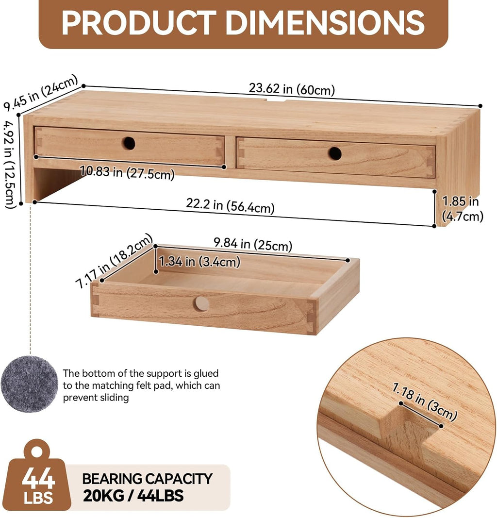 KIRIGEN Wood Monitor Stand with 2 Drawers - Computer Arm Riser Desk Storage Organizer,Speaker TV Laptop Printer Stand with Pen Slot and Cable Management,2-Tier Desktop Shelf NA-2PMJ