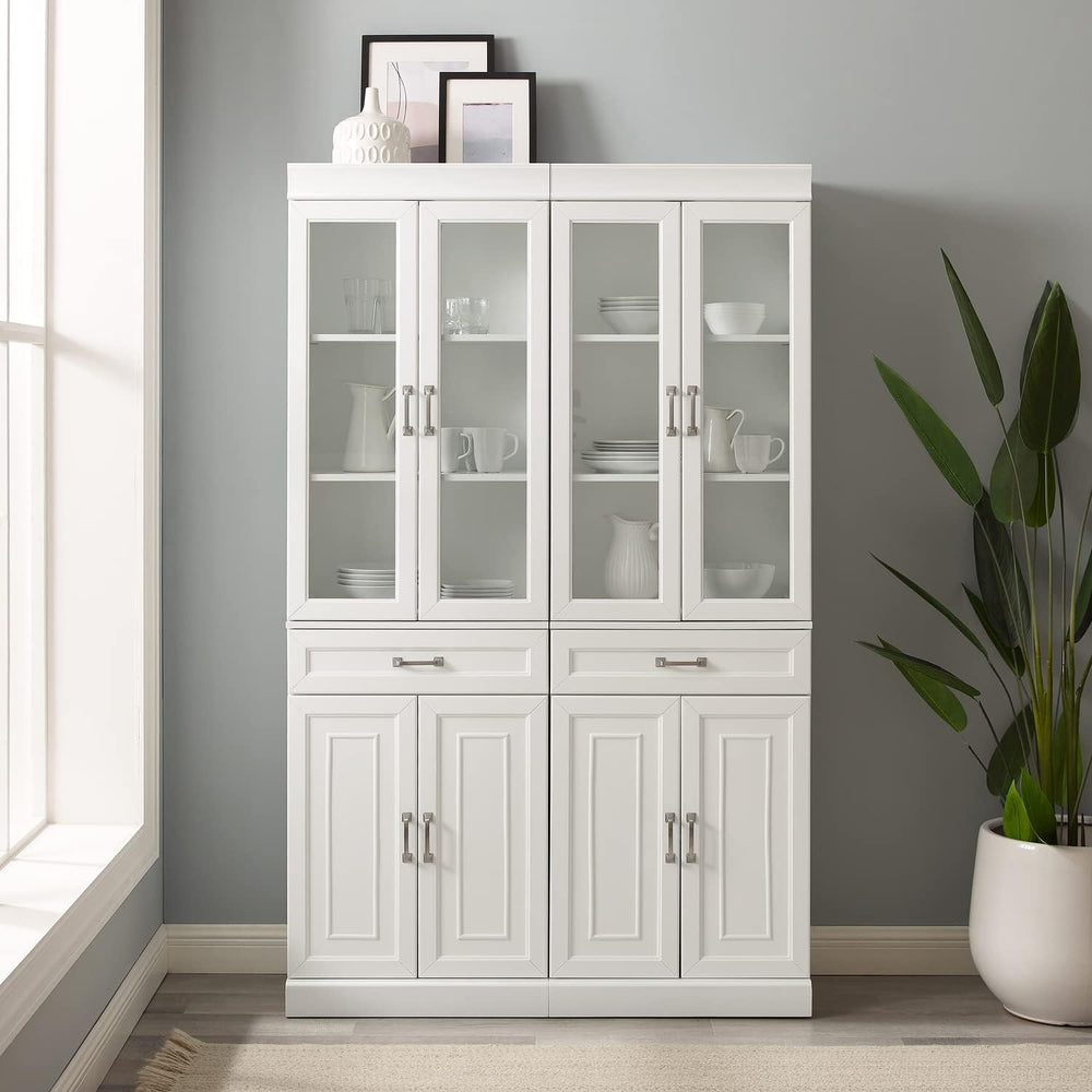 HomeStock Pantry Cabinet Set with Glass Doors - White Kitchen Storage - 2 Piece