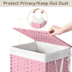 Chrislley 90L Slim Laundry Hamper with Wheels, Rolling Laundry Basket with Lid and Renovable Liner Bag, Handwoven Rattan Organizer for bedroom, bathroom, laundry room (Pink)