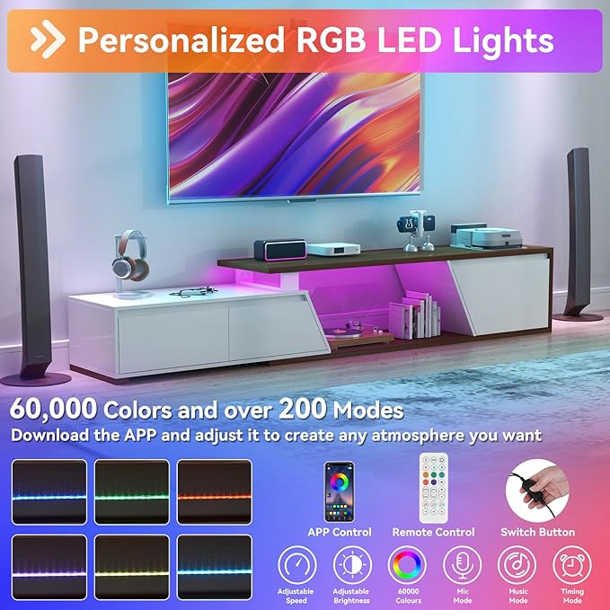Verano Garden Extendable TV Stand with Led Lights, Wood TV Media Console with 2 Drawers & 1 Cabinet, Modern Entertainment Center Up to 90 Inch TV for Living Room Bedroom, 63" - 90.6" (White & Walnut)