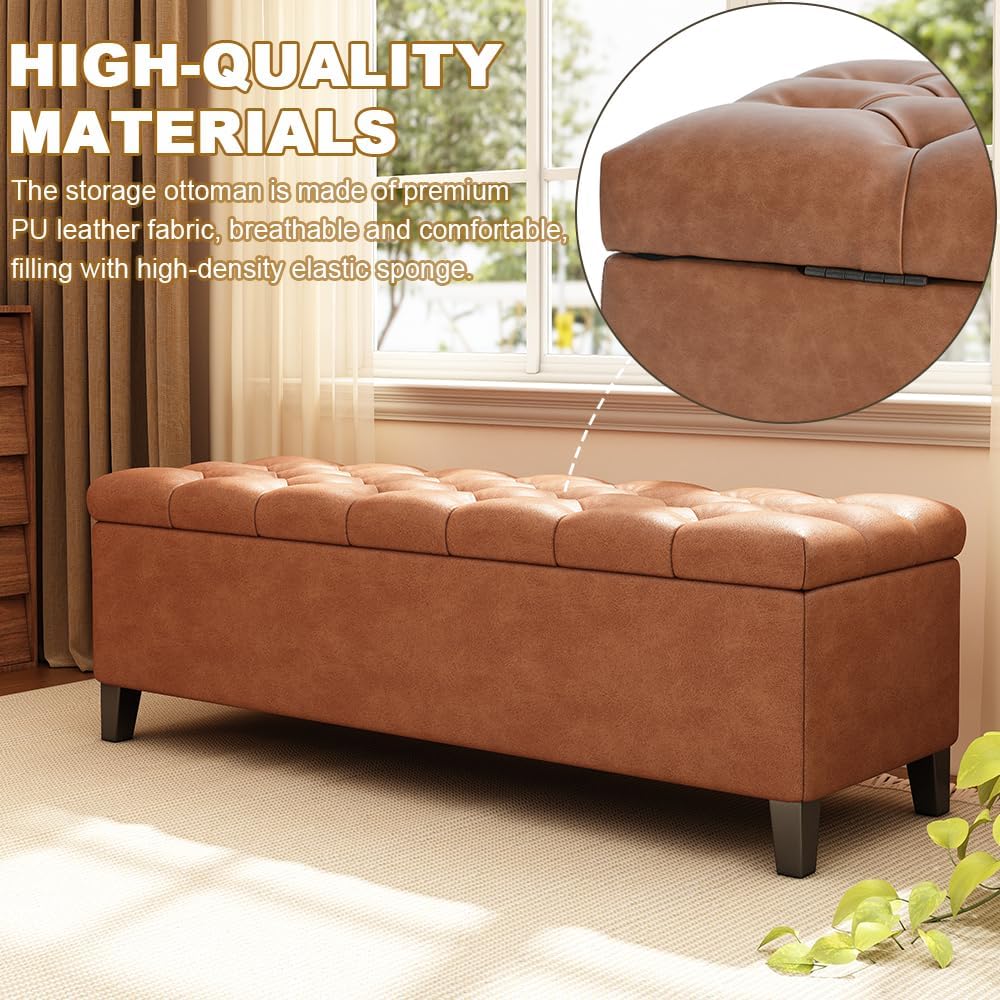 PU Storage Ottoman Bench - Leather Storage Bench End of Bed with Safety Hinge...