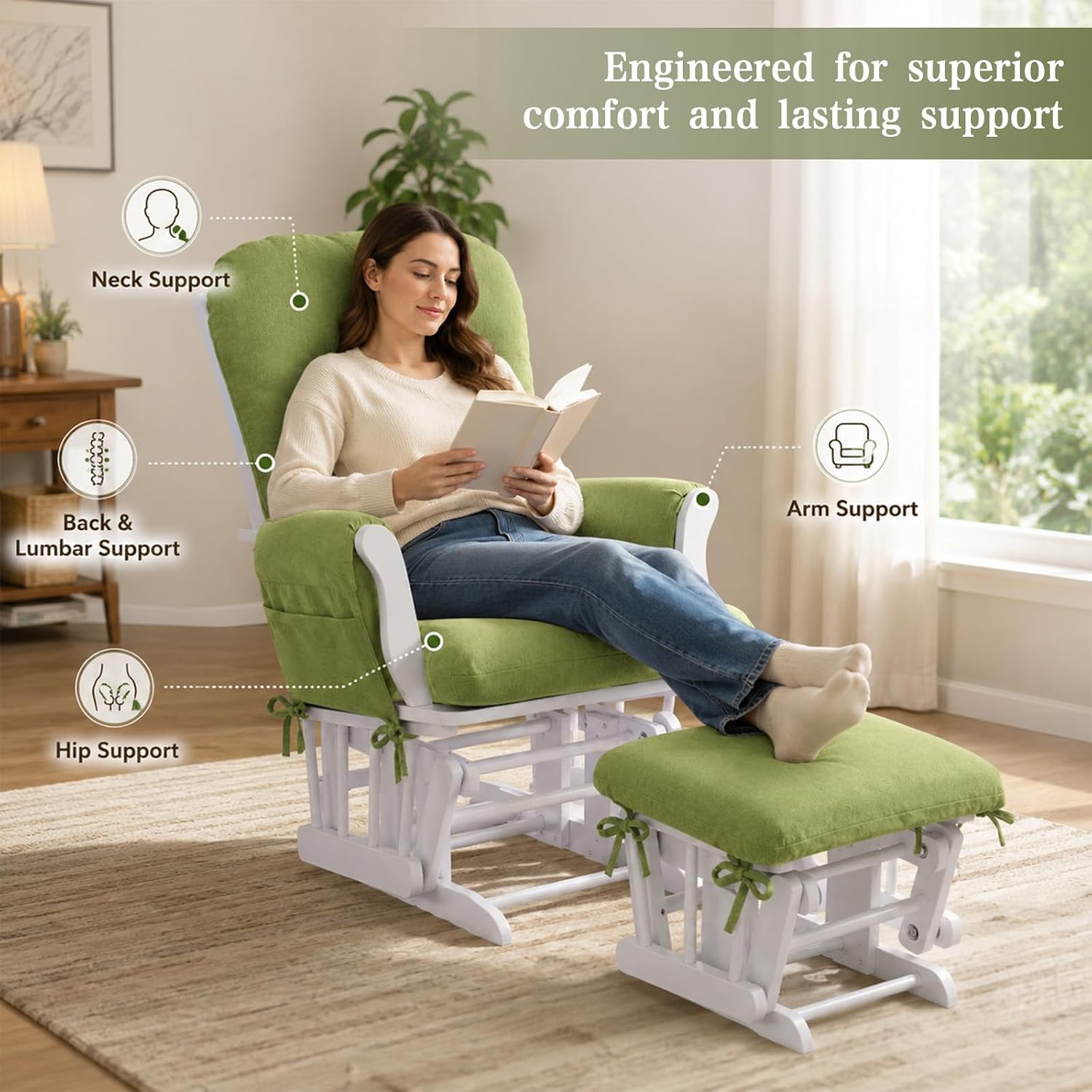 ANMINY 5pcs Glider Rocker Replacement Cushions Set - Thickened Glider Rocking Chair Cushions with 29.5 inch High Backrest & Side Pockets for Indoor Nursery, Washable & Non Slip, Green