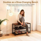 DUMOS 3-Tier Shoe Bench with Storage, Entryway, Mesh Shelves, Rustic Brown | Industrial style, 220 lb seating capacity, stores boots & sneakers, fits entryways & hallways