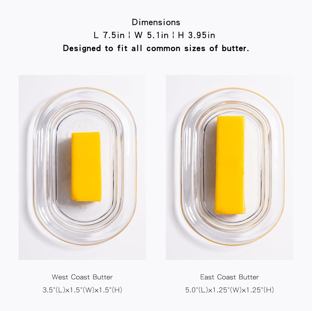 7.5" Large Glass Butter Dish with Cover, Clear Crystal Glass Butter Holder Tray with Lid for Countertop Fridge