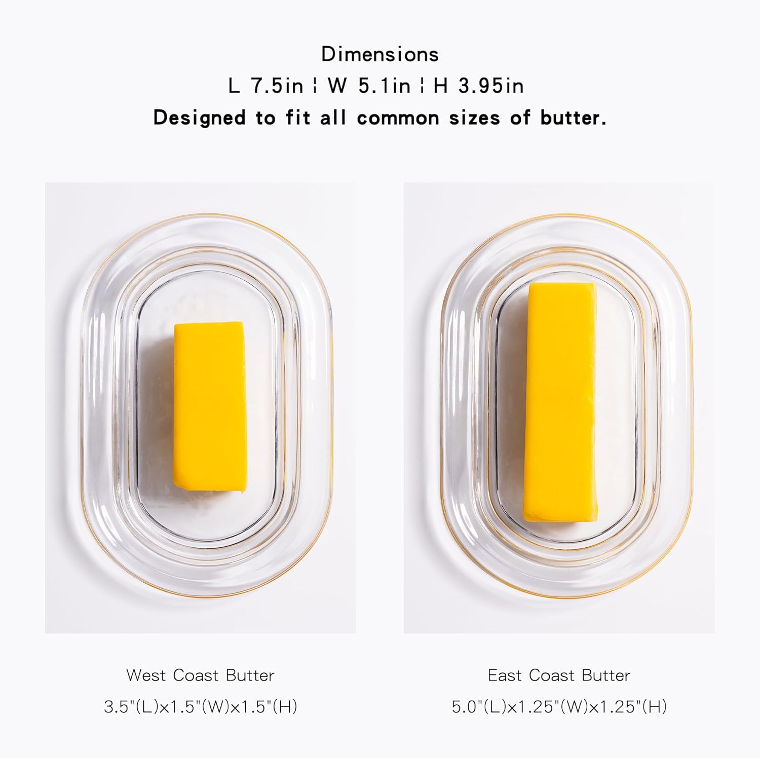 7.5" Large Glass Butter Dish with Cover, Clear Crystal Glass Butter Holder Tray with Lid for Countertop Fridge