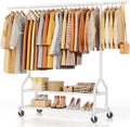 EAGMAK Heavy Duty Clothes Rack Load 556 LBS, Rolling Clothing Rack With Shelves, Height Adjustable Metal Clothes Hanger with Wheels Portable Wardrobe Organizer Garment Rod for Hanging Clothes (White)