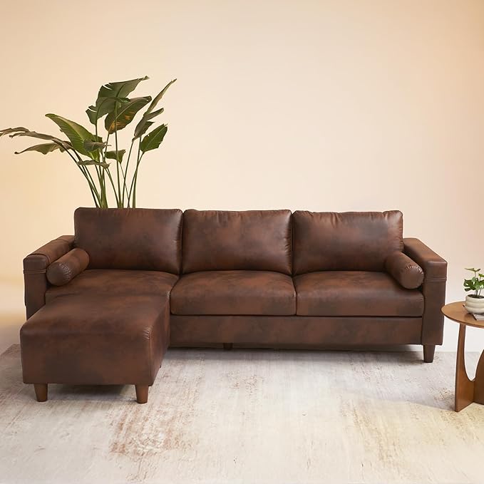 Vesgantti 100" L Shaped Faux Leather Couch with Movable Ottoman, 3 Seater PU Leather Sectional Sofa with Side Pocket, Mid Century Modern Modular Couch for Living Room, Bedroom, Chocolate
