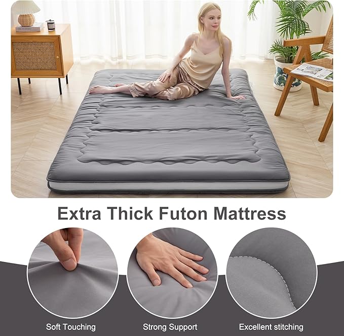 Japanese Floor Mattress, 4" Japanese Futon Mattress, Foldable & Portable Shiki Futon (shikibuton), Roll Up Thicken Sleeping Tatami Mat Sleeping Pad for Camping (Grey, 54 x 80)