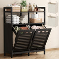 Homykic Tilt Out Laundry Hamper Cabinet, Bamboo Double Laundry Hamper with 2 Removable Laundry Baskets, 20 Gal Laundry Sorter Organizer with Shelf for Dirty Clothes, Bathroom, Laundry Room, Black