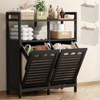 Homykic Tilt Out Laundry Hamper Cabinet, Bamboo Double Laundry Hamper with 2 Removable Laundry Baskets, 20 Gal Laundry Sorter Organizer with Shelf for Dirty Clothes, Bathroom, Laundry Room, Black
