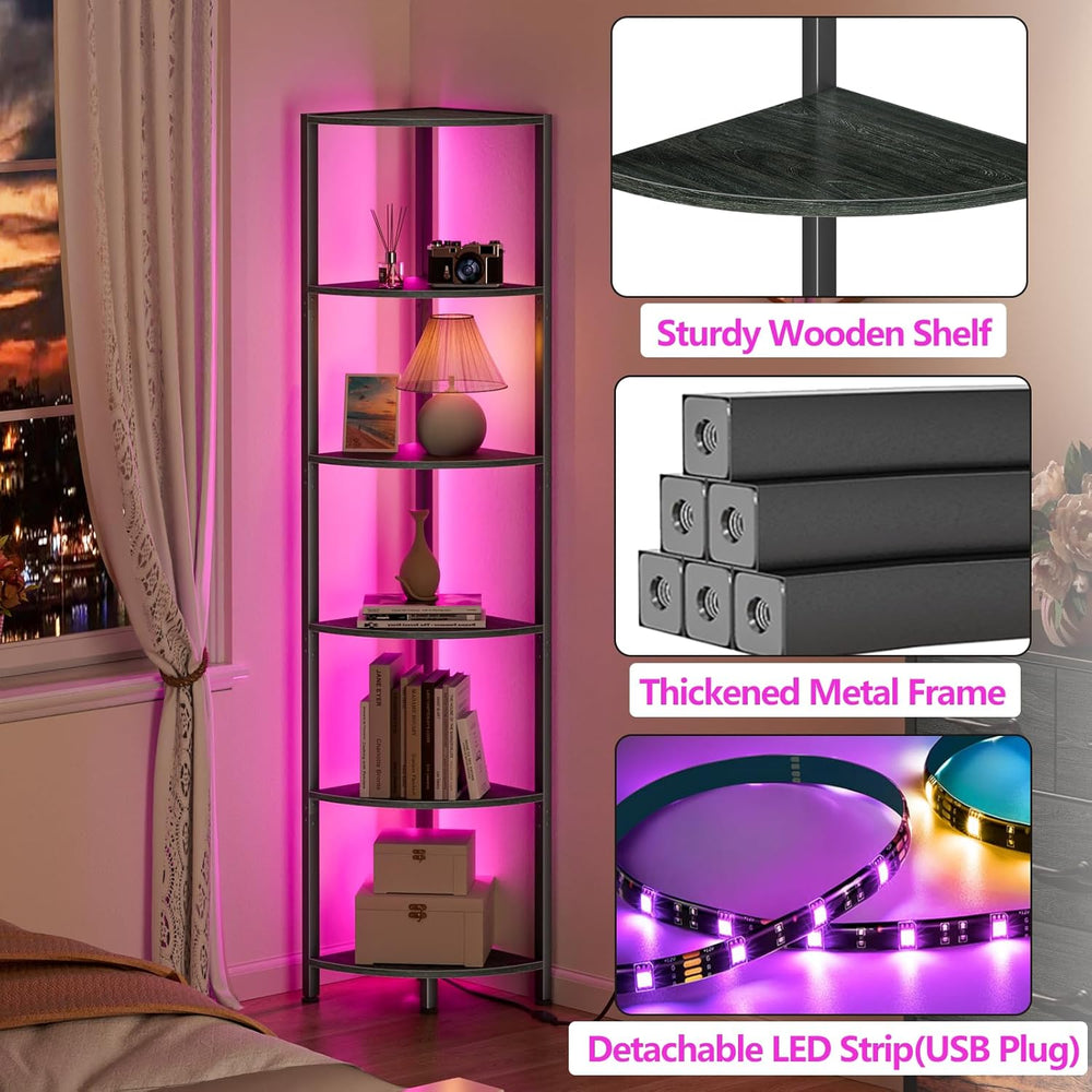 Furnulem 6 Tier Corner Shelf with LED Light, 67.5" Black Narrow Bookshel...