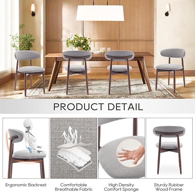 COLAMY Wooden Dining Chairs Set of 6, Modern Fabric Upholstered Dining Room Chair, Farmhouse Kitchen Chair with Foot Pegs, Light Grey