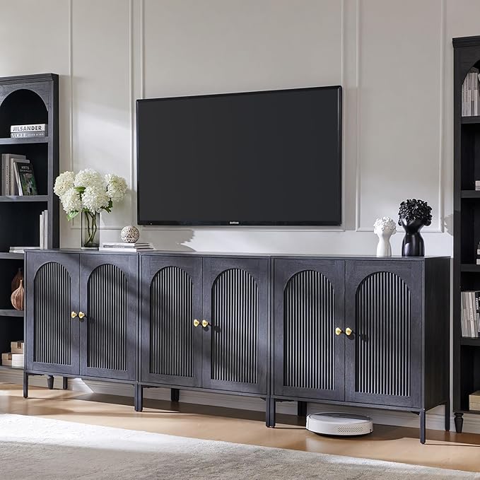 Modern TV Stands for 80 Inch TVs, 92.63" W Wood Entertainment Center w/Adjustable Shelves, Mid Century Modern TV Stand w/Arched Fluted Doors, Media Console Cabinet for Living Room, Dark Grey