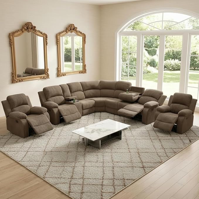 Manual Recliner Sectional Sofa Set, L-Shaped Living Room Furniture Sets, Reclining Sectional Corner Couch and 2 Reclining Chairs Set for Home Office (Peanut, Sectional + 2 Chairs)