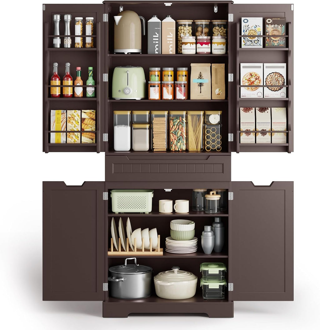 Gizoon 71" Tall Kitchen Pantry Cabinet with Doors and Adjustable Shelves, Pantry Storage Cabinet with Drawer for Small Kitchen Bathroom Laundry Room, Painted Dark Brown