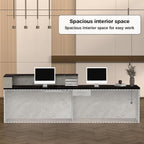 L Shape Reception Desk with Counter, Lockable Drawer, Keyboard Tray, and Double-Layer Storage for Salon, Office, or Clinic (Gray+Black/Left, 79" L*24" W*39" H)