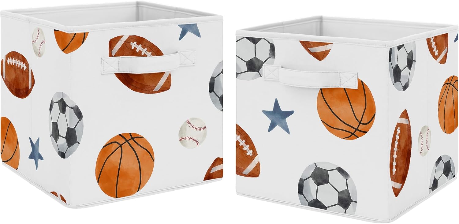 Sweet Jojo Designs Sports Theme Boy Collapsible Fabric Storage Cubes Foldable Bins Organizer Boxes Kids Baby Childrens Toys Set of 2 - Watercolor Soccer Balls Football Baseball Basketball Blue Stars