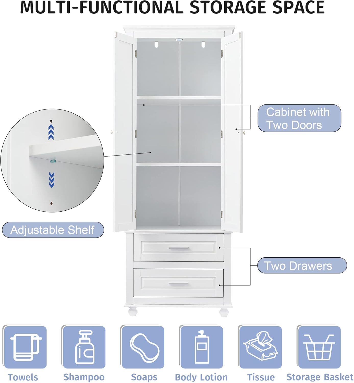 Merax 62.5" Pantry Cabinet with Two Doors & Two Drawers, Adjustable Shelves Storage Cupboard for Kitchen/Dining Room/Bathroom, White