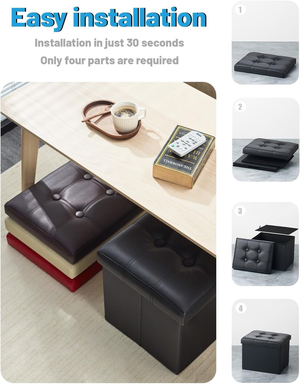 AmasSmile Ottoman with Storage,Folding Chest,17" Leather,Black 2 Pack
