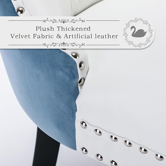 Leather Upholstered Dining Chairs Set of 6, Modern Style Kitchen Side Chairs with Nailhead Trim and Wood Leg, Metal Pulling Ring for Dining Room Living Room(White&Blue,Set of 6)