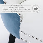 Leather Upholstered Dining Chairs Set of 4, Modern Style Kitchen Side Chairs with Nailhead Trim and Wood Leg, Metal Pulling Ring for Dining Room Living Room(White&Blue,Set of 4)