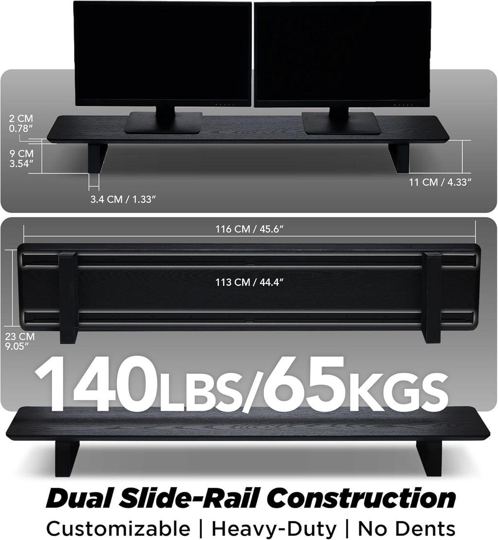 Moodular Wooden Monitor Stand 45.6” (116cm) Large Desk Organizer with Metal Slide Rails for Drawer, Tray, Laptop, Tablet, Phone & Headphones Customizable Riser for Organized Workspace Black