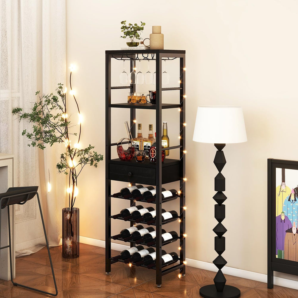 IBUYKE Wine Rack Freestanding Floor with Glass Holder,Black TMJ905B | Bar Cab...