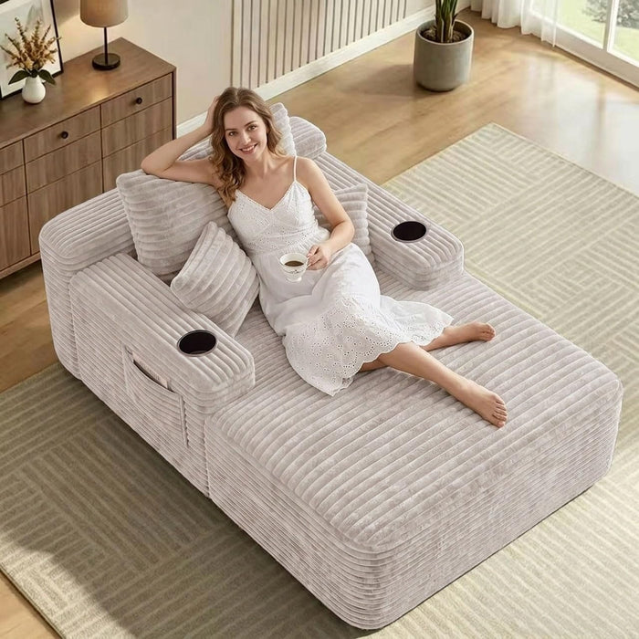 65" Chaise Lounge Chair Indoor, Oversized Lounge Chair with Side Pockets Cup Holders,Corduroy Cloud Reading Chair for Living Room Bedroom, Deep Seat Sleeper Couch, No Assembly Required,Beige