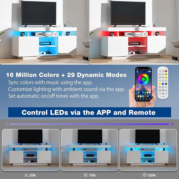HOMMPA LED TV Stand for 55/50/43/40/32 inch TV Modern Entertainment Center with Power Outlets, Gaming Console Storage Media Table with LED Lights Game Cabinet for Living Room White