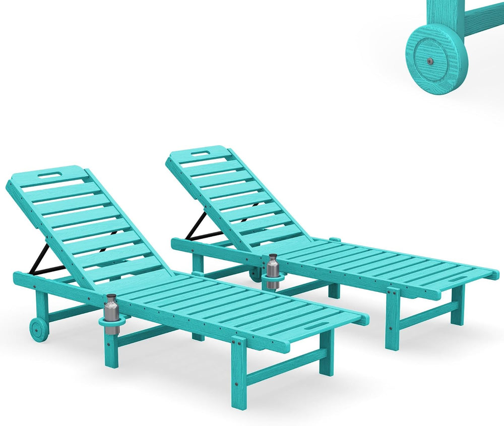 SERWALL HDPE Outdoor Chaise Lounge Set of 2 with Cup Holder & Wheels, Aru...