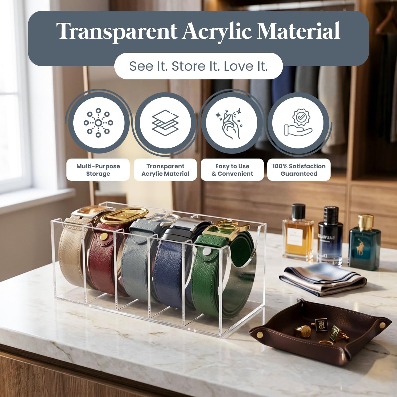 Acrylic Belt Organizer for Closet with Removable Dividers- 2 Wall Hooks for Hanging Towel- 5 Compartments & Handles Drawer Organization and Storage for Purse, Underwear, Socks & Ties (3 Pcs)