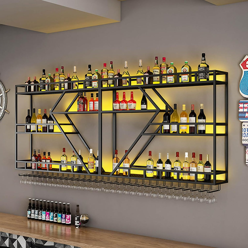 79in Wall Mounted Wine Rack, Large Metal Wine Bottle Holder, 3 Tier Modern Fashion Diamond Shaped Floating Bar Unit Wine Storage Shelves, for Home Restaurant Bars Decor (Black, 3 Tier - 79in)