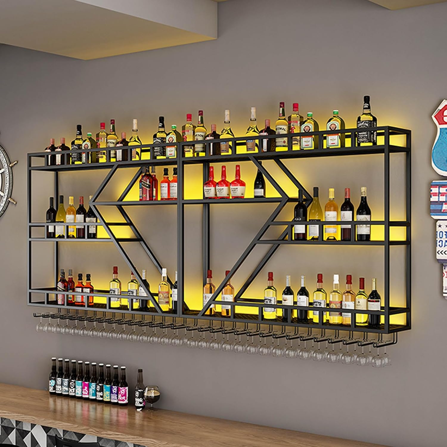 79in Wall Mounted Wine Rack, Large Metal Wine Bottle Holder, 3 Tier Modern Fashion Diamond Shaped Floating Bar Unit Wine Storage Shelves, for Home Restaurant Bars Decor (Black, 3 Tier - 79in)