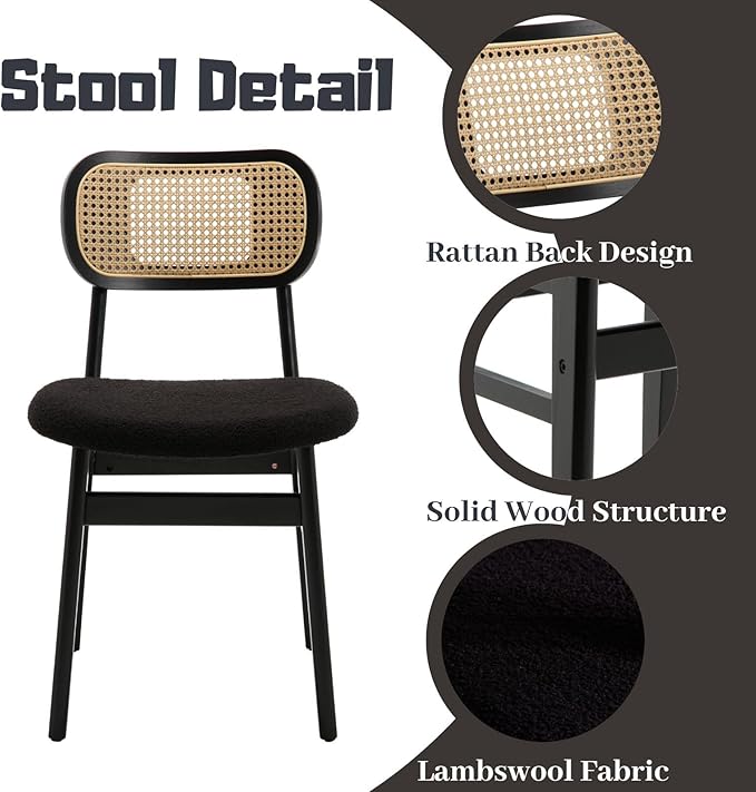 Black Rattan Dining Chairs Set of 2 Lambswool Dining Room Chairs Natural Wooden Kitchen Chairs Farmhouse Boho Side Chairs