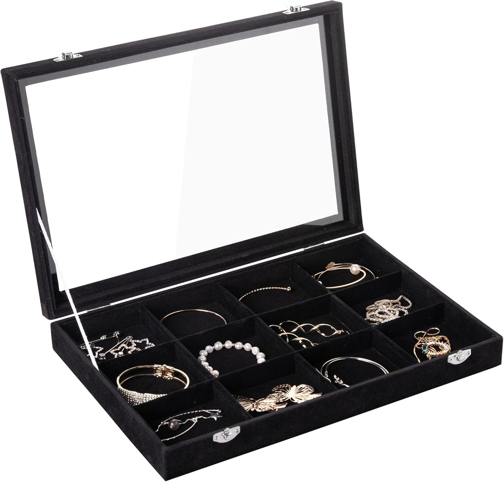 Frebeauty Velvet Jewelry Tray,12 Grid Jewelry Organizer with Clear Lid,Bracelets Holder,Jewelry Display Case with Clasp,Drawer Insert Bangle Brooch,13.8 x 9.5 x 2 Inches,Gift for Women Girls(Black)