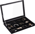 Frebeauty Velvet Jewelry Tray,12 Grid Jewelry Organizer with Clear Lid,Bracelets Holder,Jewelry Display Case with Clasp,Drawer Insert Bangle Brooch,13.8 x 9.5 x 2 Inches,Gift for Women Girls(Black)