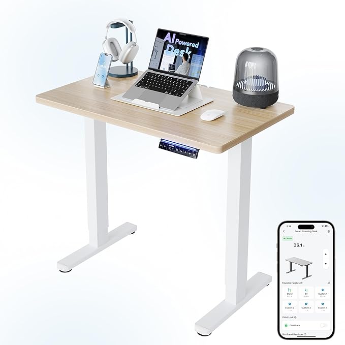 HUANUO One-Piece 32 inch Electric Standing Desk, Smart APP, Alexa & Google Voice Control, Wi-Fi, Adjustable Height, 6 Memory Settings, Sedentary Reminder, Posture & Neck Care, Light Walnut