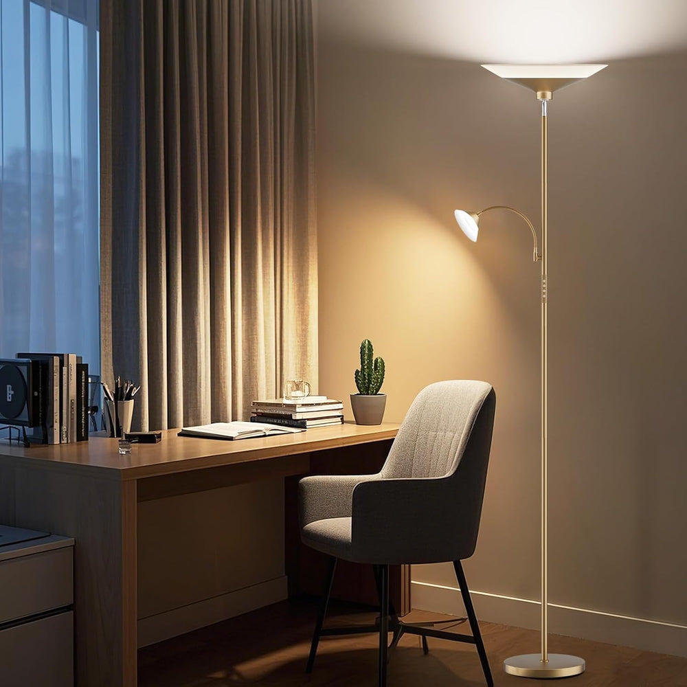 SIBRILLE Gold Torchiere Floor Lamp - 2 Way LED Standing Lamp with Reading Lig...